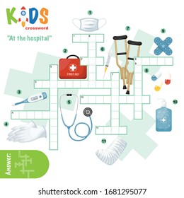 Easy crossword puzzle 'At the hospital', for children in elementary and middle school. Fun way to practice language comprehension and expand vocabulary. Includes answers.