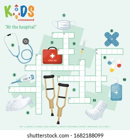 Easy crossword puzzle 'At the hospital', for children in elementary and middle school. Fun way to practice language comprehension and expand vocabulary. Includes answers.