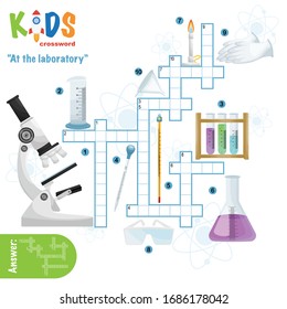 Easy crossword puzzle 'At the laboratory', for children in elementary and middle school. Fun way to practice language comprehension and expand vocabulary. Includes answers.