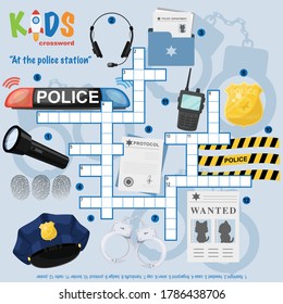 Easy crossword puzzle "At the police station", for children in elementary and middle school. Fun way to practice language comprehension and expand vocabulary. Includes answers.