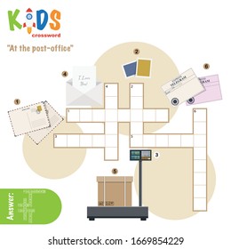 Easy crossword puzzle 'At the post-office', for children in elementary and middle school. Fun way to practice language comprehension and expand vocabulary. Includes answers.
