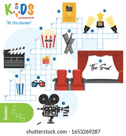 Easy crossword puzzle At the cinema, for children in elementary, primary and middle school. Fun way to practice language comprehension and expand vocabulary. Includes answers.
