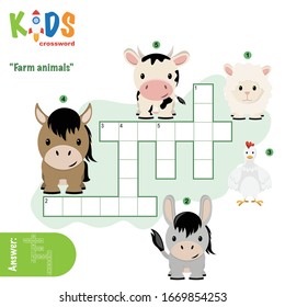 Easy crossword puzzle 'Farm animals', for children in elementary and middle school. Fun way to practice language comprehension and expand vocabulary. Includes answers.