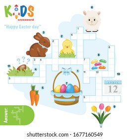 Easy crossword puzzle 'Happy Easter Day', for children in elementary and middle school. Fun way to practice language comprehension and expand vocabulary. Includes answers.
