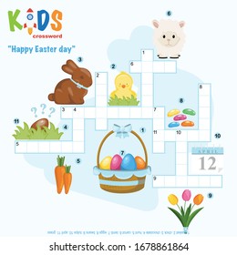 Easy crossword puzzle 'Happy Easter Day', for children in elementary and middle school. Fun way to practice language comprehension and expand vocabulary. Includes answers.