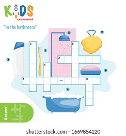Easy crossword puzzle 'In the bathroom', for children in elementary and middle school. Fun way to practice language comprehension and expand vocabulary. Includes answers. svg