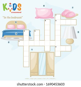 Easy crossword puzzle 'In the bedroom', for children in elementary and middle school. Fun way to practice language comprehension and expand vocabulary. Includes answers.