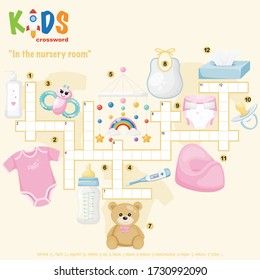 Easy crossword puzzle "In the nursery room", for children in elementary and middle school. Fun way to practice language comprehension and expand vocabulary. Includes answers.