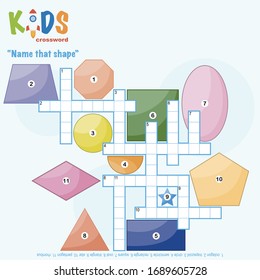 Easy crossword puzzle 'Name that shape', for children in elementary and middle school. Fun way to practice language comprehension and expand vocabulary. Includes answers.