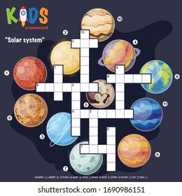 Easy crossword puzzle 'Solar system', for children in elementary and middle school. Fun way to practice language comprehension and expand vocabulary. Includes answers.