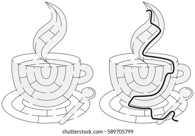 Easy cup of coffee maze for younger kids with a solution in black and white