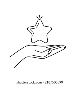 easy customer review like thin line hand with star. concept of consumer satisfaction or vip service for customer. outline art modern minimal logotype design or web graphic element isolated on white