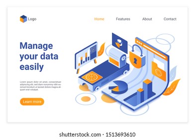 Easy data managing isometric vector landing page template. Device software website design layout. Database, data storage server web page 3d concept. Personal settings management webpage interface