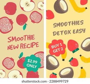 Easy detox for your body, smoothies with vegetables and fruits. Banana and coconuts, strawberries and apples, pomegranate tasty ingredients for healthy alternative and dieting. Vector in flat style