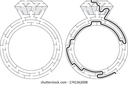 Fácil laberinto de anillo de diamante para niños con solución en blanco y negro