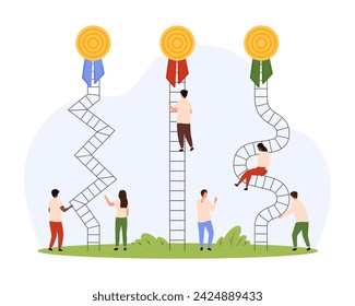 Easy and difficult career challenge, find choice for growth. Tiny people climbing ladder with obstacles and straight fast way to finish, choose future hard or easier career cartoon vector illustration