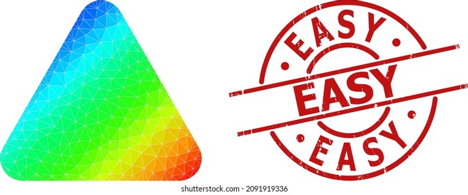 Easy dirty watermark and lowpoly spectrum colored rounded triangle icon with gradient. Red seal has EASY text inside circle and lines shape. Triangulated rounded triangle polygonal icon illustration.