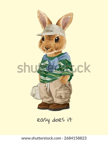easy does it slogan with cartoon bunny in casual style fashion vector illustration