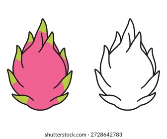 Fácil Dragon Fruit colorir página para crianças. Ilustração de frutas tropicais com guia de cores para crianças e pré-escolares.