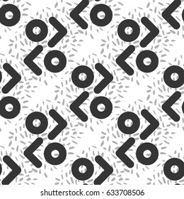 easy drawn black and white graphic pattern of triangles, arrows, lines, circles, textures on a white background