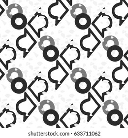 easy drawn black and white graphic pattern of circular arrows, circles with textures on a white background