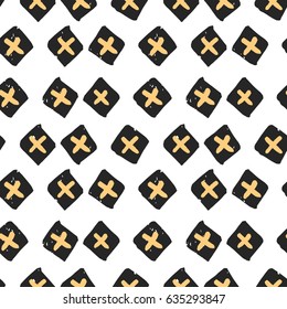 easy drawn black and white graphic pattern of diamonds, squares, crosses, geometric shapes with textures on a white background
