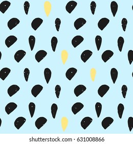 easy drawn graphic pattern of black and yellow geometric shapes, semi-circles, drops texture on a blue background