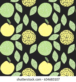 easy drawn graphic pattern of green apples, circles and leaves with textures on a black background