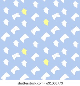 easy drawn graphic pattern of white, yellow arrows, and geometric shapes with textures on a blue background