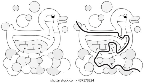 Easy duck maze for younger kids with a solution in black and white