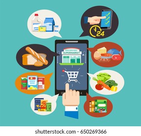 Easy E-commerce to new age supermarket service. People shopping online with social application technology.