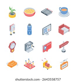 Colección fácil de editar que muestra los iconos de estilo isométrico de los accesorios del hotel