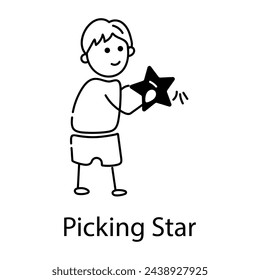 Easy to edit doodle icon of kid picking star 
