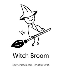 Easy to edit doodle icon of witch broom ride 