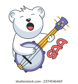 Easy to edit flat sticker of a bear playing banjo instrument 