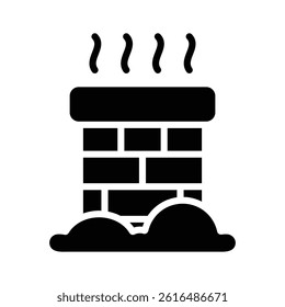 An easy to edit glyph icon depicting winter chimney covered in snow