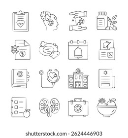 Fácil de editar coleção desenhada à mão de ícones médicos e hospitalares