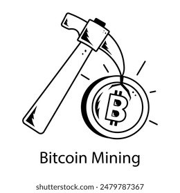 Easy to edit hand drawn icon of bitcoin mining 