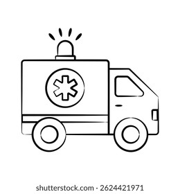Fácil de editar el icono dibujado a mano de la ambulancia con luz de emergencia
