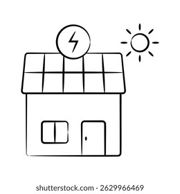 Easy to edit hand drawn icon depicting solar house building