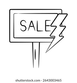 Easy to edit hand drawn icon showing sale board with flash bolt