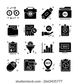 Fácil de editar práctico paquete de iconos de estilo de glifo de anuncios digitales