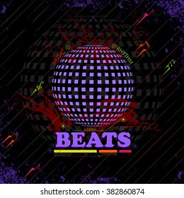 easy to edit illustration of abstract music background with disco mirror ball