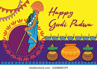easy to edit illustration of Gudhi Padwa spring festival for traditional New Year for Marathi and Konkani Hindus celebrated in Maharashtra and Goa
