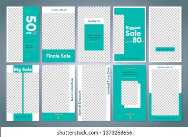 Easy edit stories frame. Sale story template. Instagram photo background. Special offer, biggest discount and new collection banner. Fashion store turquoise design. Vector, Illustration.