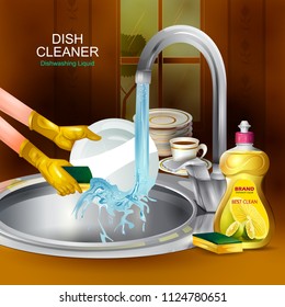 easy to edit vector illustration of Advertisement banner of tough stain remover liquid Dishwasher for clean and fresh utensil