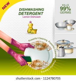 easy to edit vector illustration of Advertisement banner of tough stain remover liquid Dishwasher for clean and fresh utensil