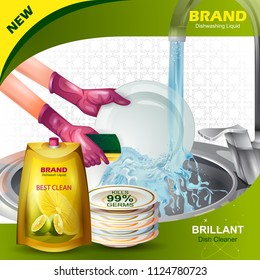 easy to edit vector illustration of Advertisement banner of tough stain remover liquid Dishwasher for clean and fresh utensil