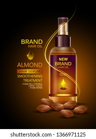 easy to edit vector illustration of Advertisement promotion banner for almond oil hair serum for smoothening and strong hair