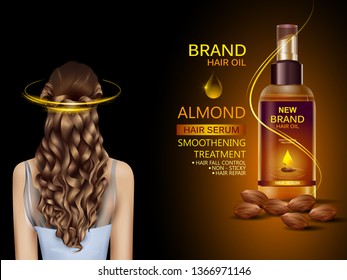 easy to edit vector illustration of Advertisement promotion banner for almond oil hair serum for smoothening and strong hair